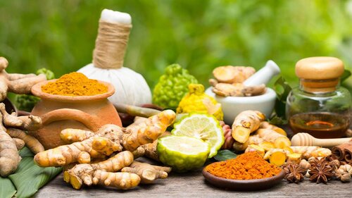 photo of an array of Ayurvedic food and herbs